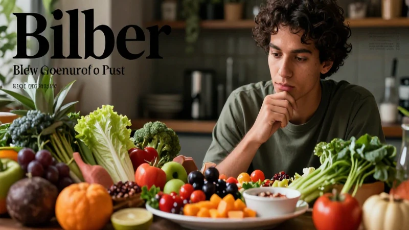 Joven contempla comida saludable en diseño premium