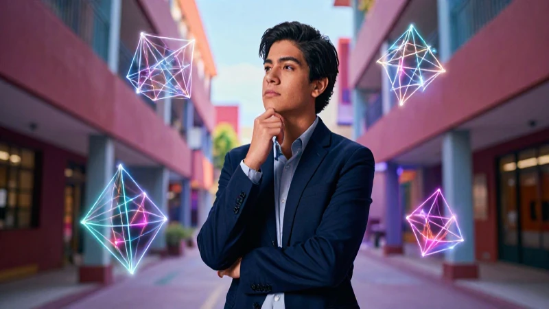 Ontológicos: Definición, Origen y Principales Autores 8 Estudiante mexicano contemplando realidad con estructuras luminosas