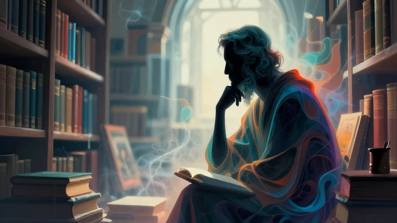 Ontológicos: Definición, Origen y Principales Autores 5 Estudiante reflexivo en biblioteca de conocimiento