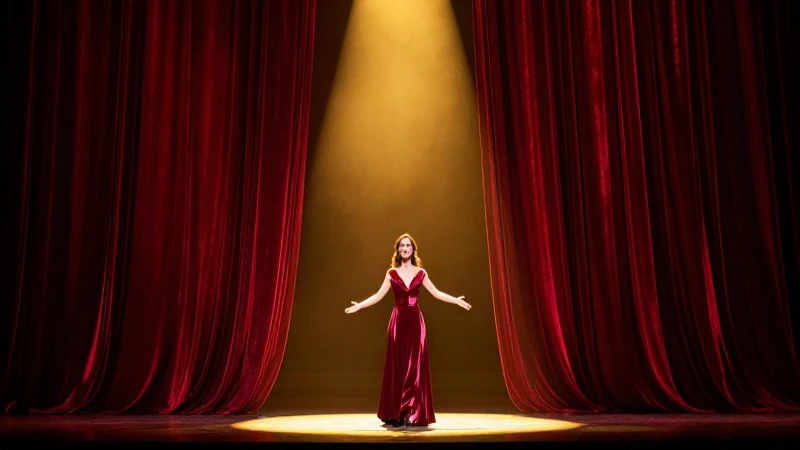 Escena de ópera dramática con soprano en rojo