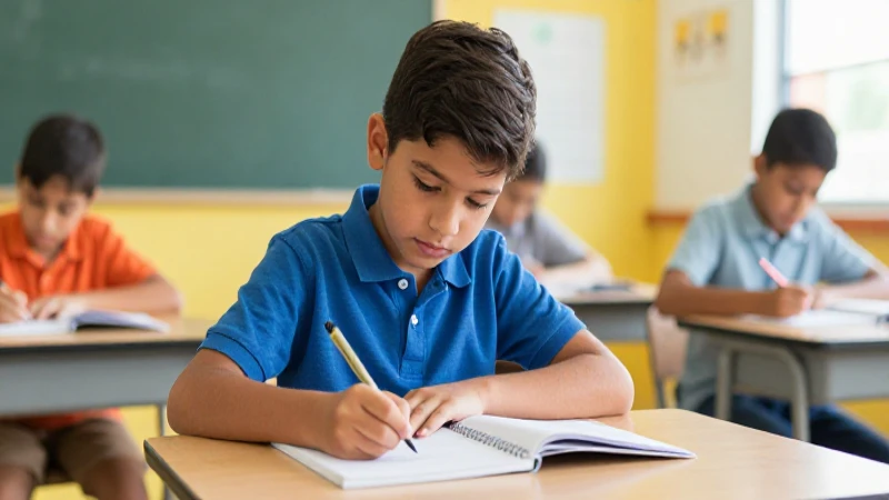 Oraciones: 50 ejemplos con palabras claras y sencillas 6 Estudiante escribe en clase moderna mexicana