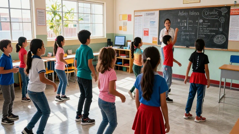 Niños felices juegan en aula mexicana