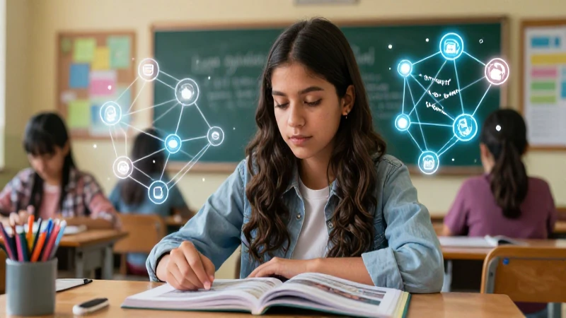 Estudiante enfocada con elementos educativos modernos