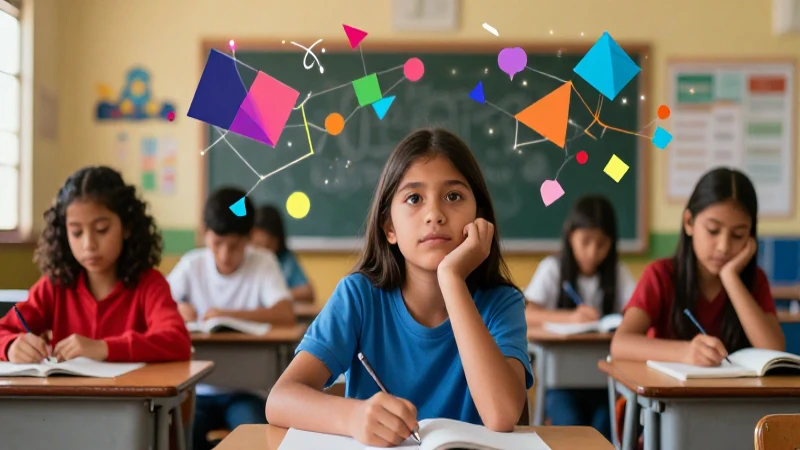 Oraciones con adjetivos calificativos: 50 ejemplos útiles 5 Estudiante en aula vibrante con formas abstractas luminosas