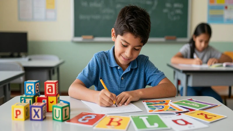 Estudiante mexicano aprendiendo con bloques de fonética