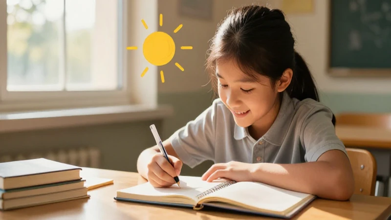 Estudiante alegre escribe bajo luz cálida