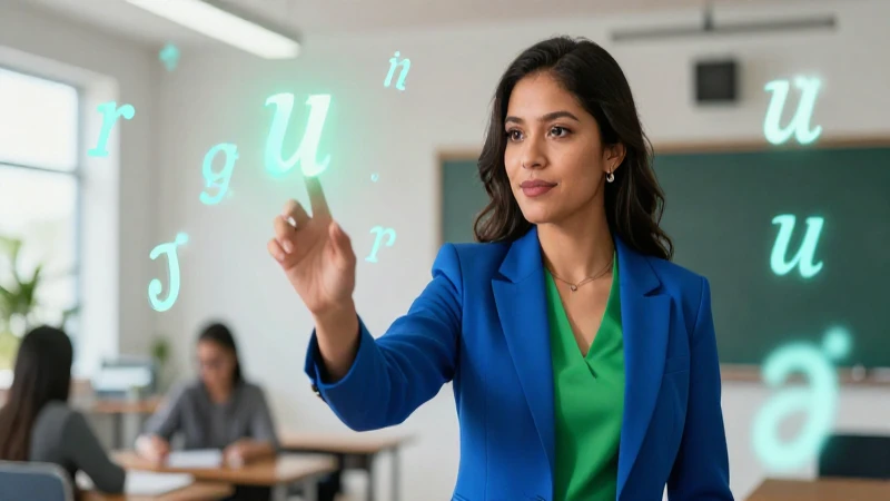Educadora mexicana con símbolos gramaticales
