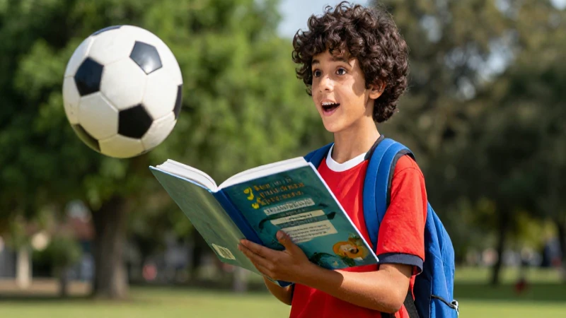 Estudiante entusiasta con libro, balón y estilo mexicano