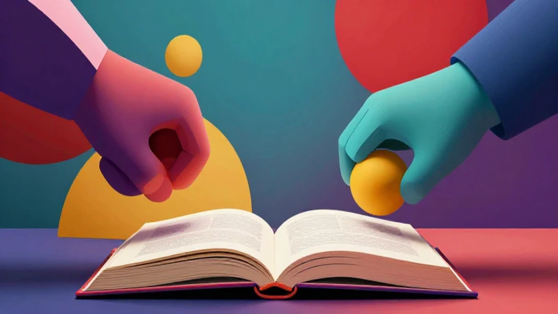 Ilustración abstracta con libro central y dinamismo vibrante