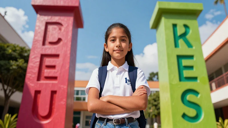 Joven estudiante entre columnas de lenguaje