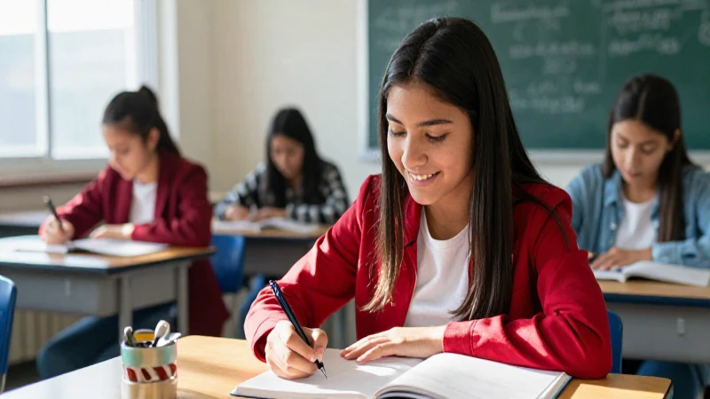Estudiante mexicano sonriente y concentrado en su escritorio
