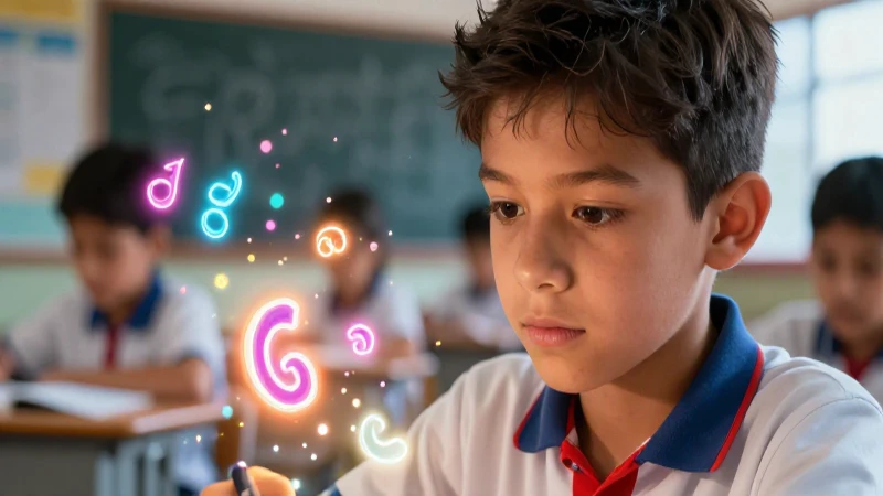 Estudiante concentrado iluminado por símbolos brillantes