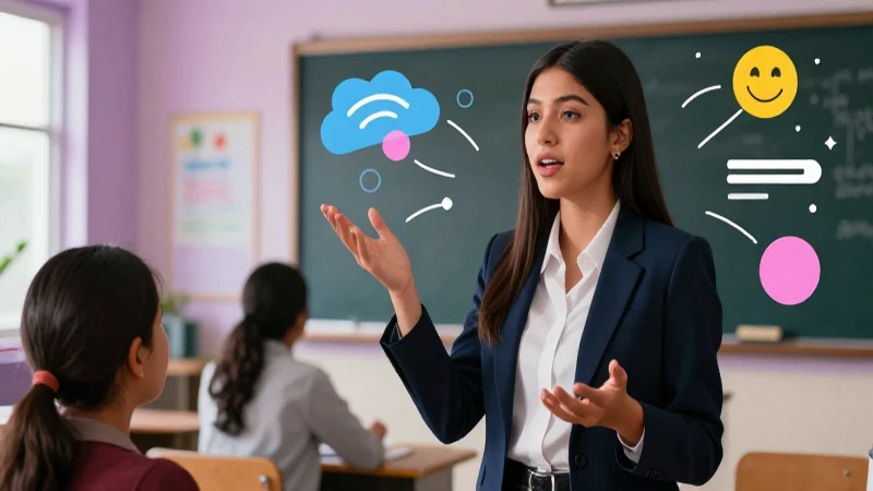 Joven mexicana expone con confianza en un aula moderna