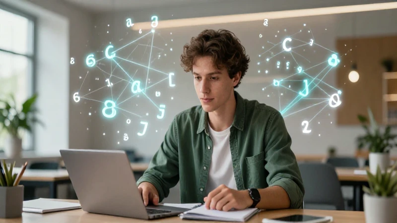 Educador joven e inteligente rodeado de símbolos gramaticales dinámicos