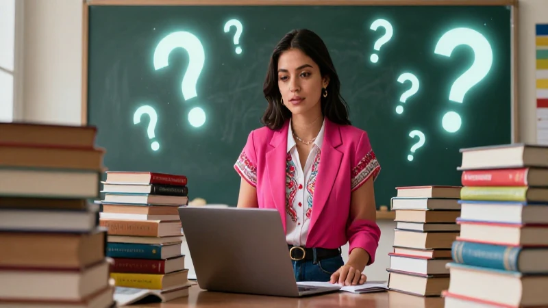 Profesora moderna en un entorno literario vibrante