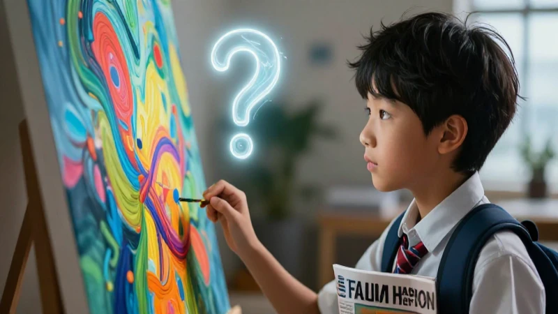 Estudiante contempla arte abstracto con signo luminoso