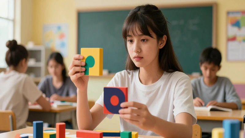 Estudiante concentrada con bloques lingüísticos en un aula moderna