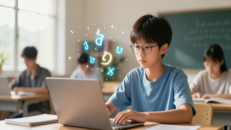 Joven estudioso rodeado de símbolos gramaticales luminosos