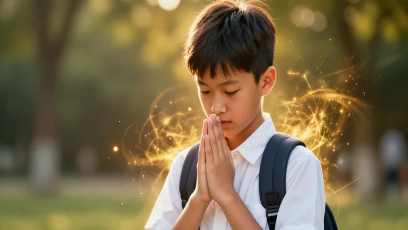 Estudiante en oración bajo luz dorada