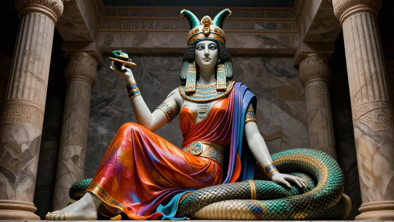 Pitónisa antigua: figura elegante en templo