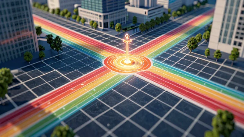 Ordenada al origen: La clave del orden en el origen 7 Ruta geométrica intersectando red urbana futurista luminosa