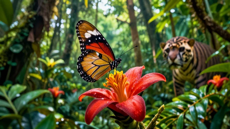 Jungla tropical vibrante, mariposa y depredador