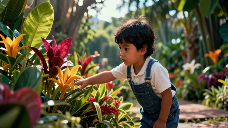 Niño curioso toca flora mexicana en un entorno vibrante