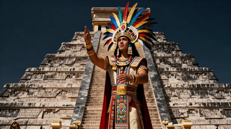 Sacerdote azteca en ritual sobre pirámide monumental