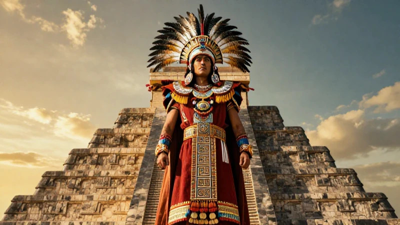 Conoce la organización social de los mexicas: jerarquía y estructura 3 Noble mexica en pirámide bajo luz dorada