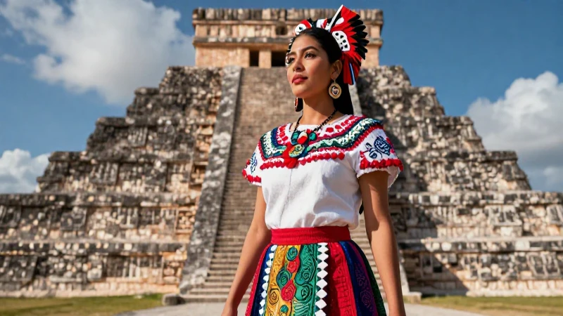 Mujer totomaca majestuosa ante ruinas mesoamericanas