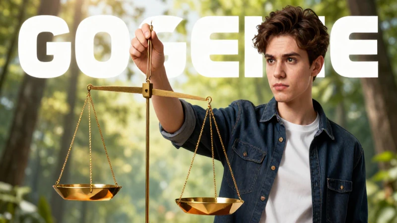 Joven seguro, balanza geométrica dorada, estética editorial