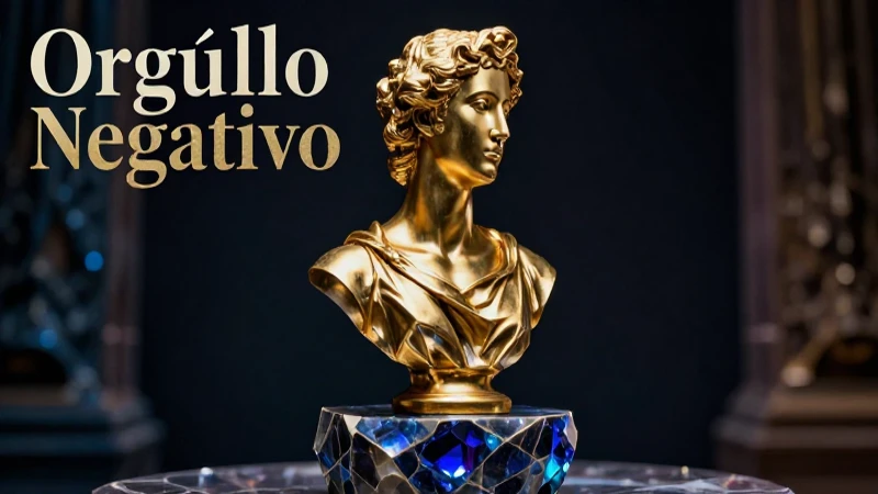 Busto dorado de orgullo negativo sobre pedestal de obsidiana