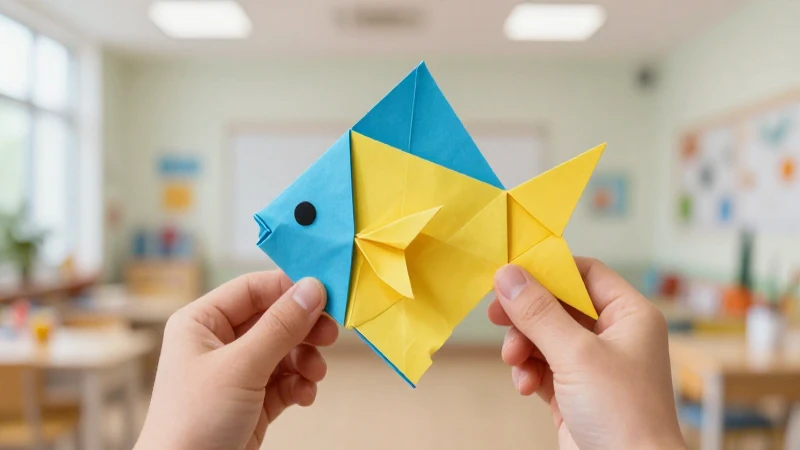 Pescado origami vibrante en estudio educativo moderno