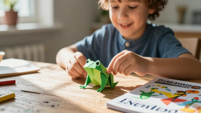 Origami de papel: Aprende a hacer una ranita fácil 3 Niño alegre con origami en mesa rústica