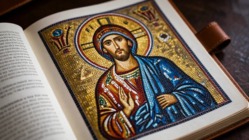 Icono bizantino y diario antiguo con luz dramática