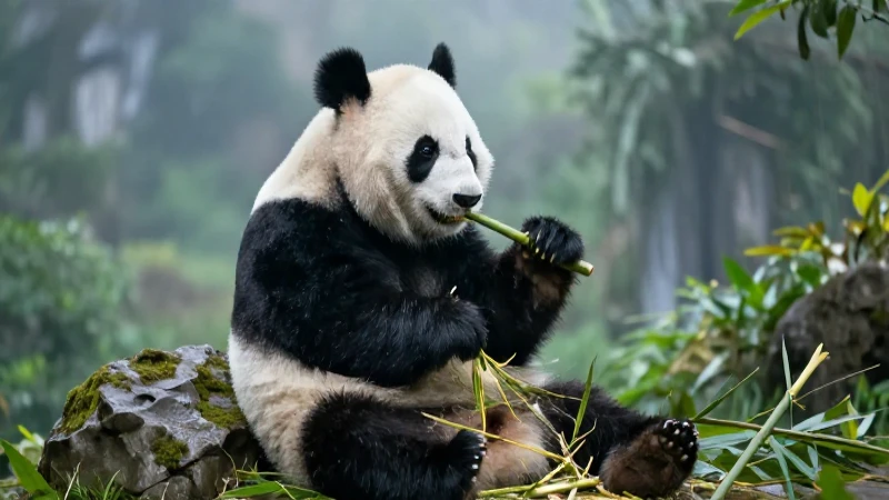 Panda majestuoso come bambú en montañas brumosas