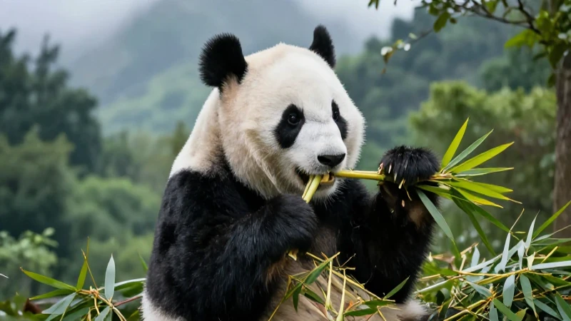 Panda come bambú en la montaña brumosa