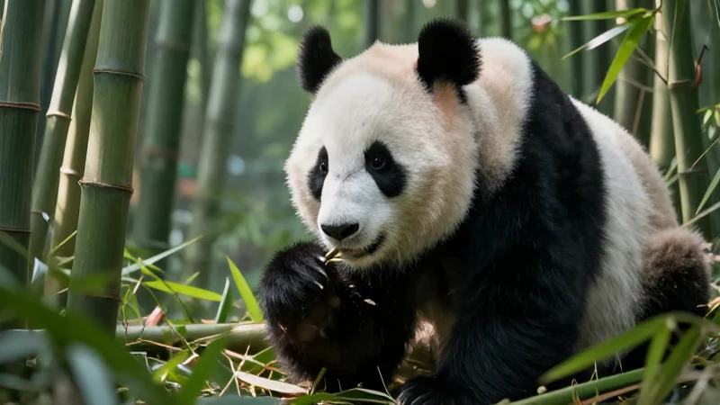 Panda hiperrealista en su hábitat de bambú