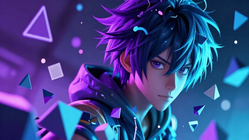 Figura anime detallada con formas geométricas modernas