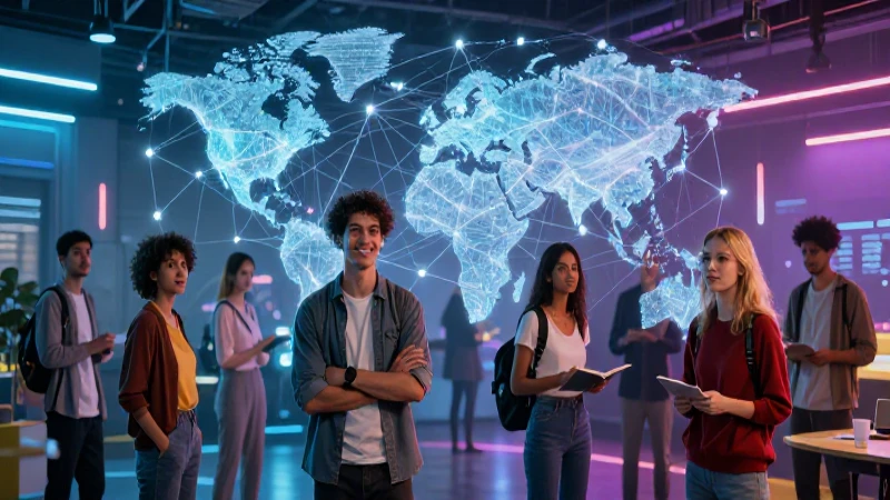 Jóvenes entusiastas en red global futurista