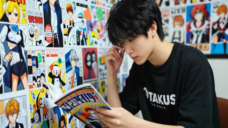 Otaku disfruta de manga y figuras
