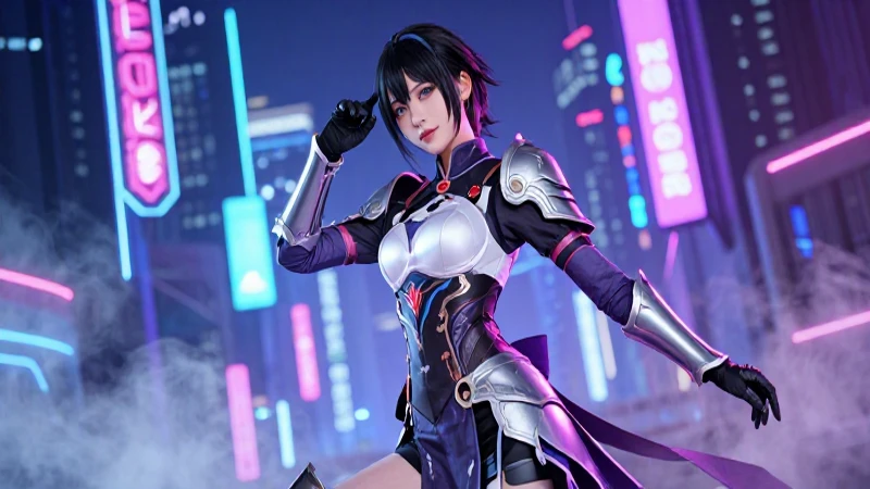 Joven cosplayer atraída por un entorno futurista