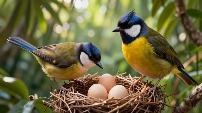 Madre cuidando huevos con naturaleza vibrante