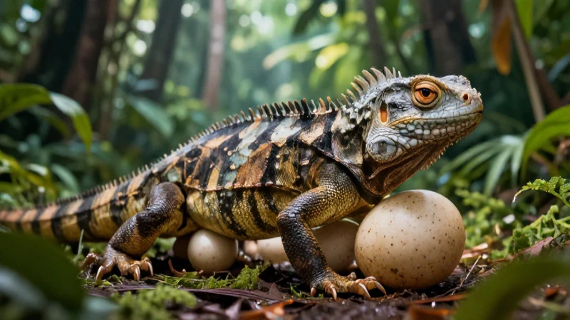 Reproducción de ovíparos: descubre su asombroso proceso 3 Reptil exótico en huevo, ilustración hiperrealista