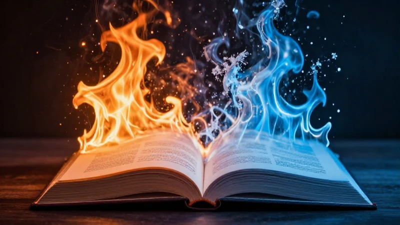 Libro abierto con contraste de fuego y hielo