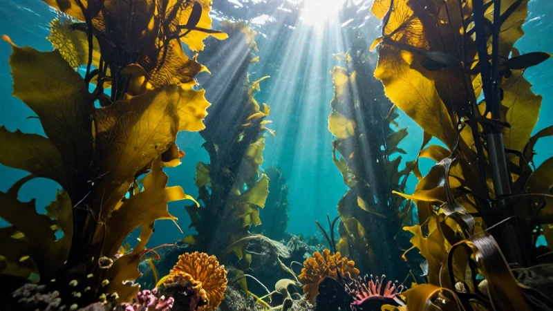 Bosque de kelp vibrante y luz en aguas turquesas