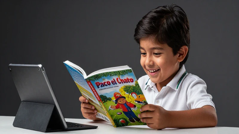 Ilustración vibrante de niño mexicano leyendo dinámicamente