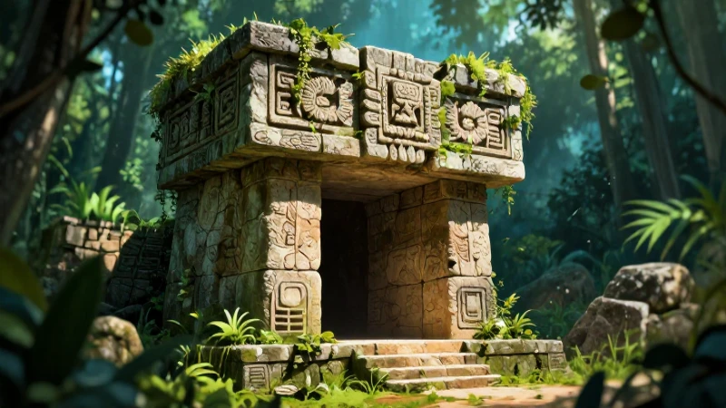 Místico altar en ruinas, luz dramática y vibrante