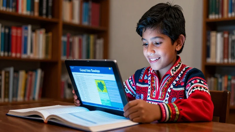 Estudiante mexicano moderno lee libros digitales vibrantes