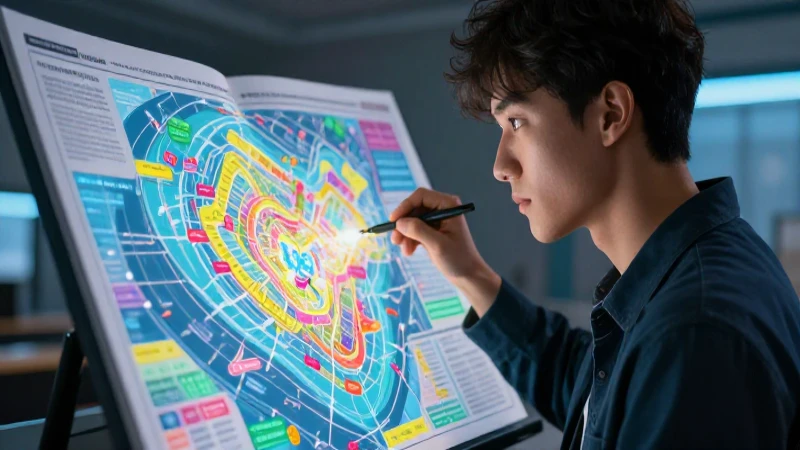 Joven académico estudia un mapa de datos dinámico